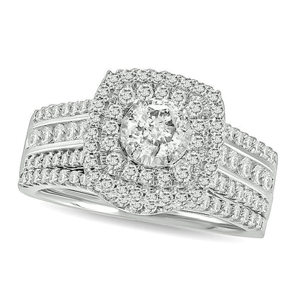 1.0 CT. TW Diamond Double Cushion Frame Multi-Row Bridal Set in 10K White Gold
