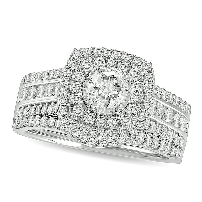 1.0 CT. TW Diamond Double Cushion Frame Multi-Row Bridal Set in 10K White Gold