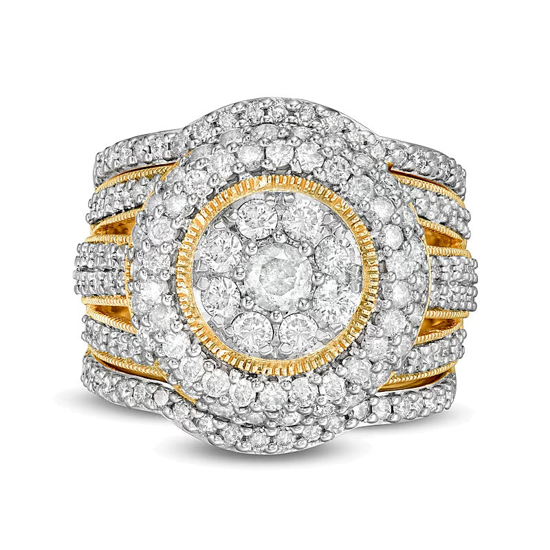 2.25 CT. TW Multi-Diamond Multi-Row Vintage-Style Three Piece Bridal Set in 10K Gold