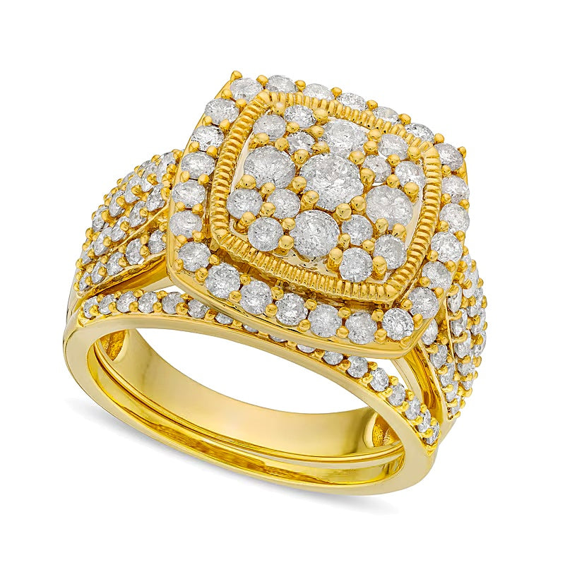 2.0 CT. TW Cushion Multi-Diamond Frame Split Shank Vintage-Style Bridal Set in 10K Gold