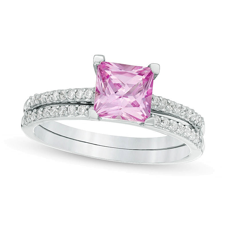 6.0mm Princess-Cut Lab-Created Pink Sapphire and 0.2 CT. TW Diamond Bridal Set in Sterling Silver