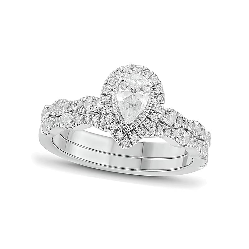 1.0 CT. TW Pear-Shaped Diamond Frame Art Deco Vintage-Style Bridal Set in 14K Two-Tone Gold