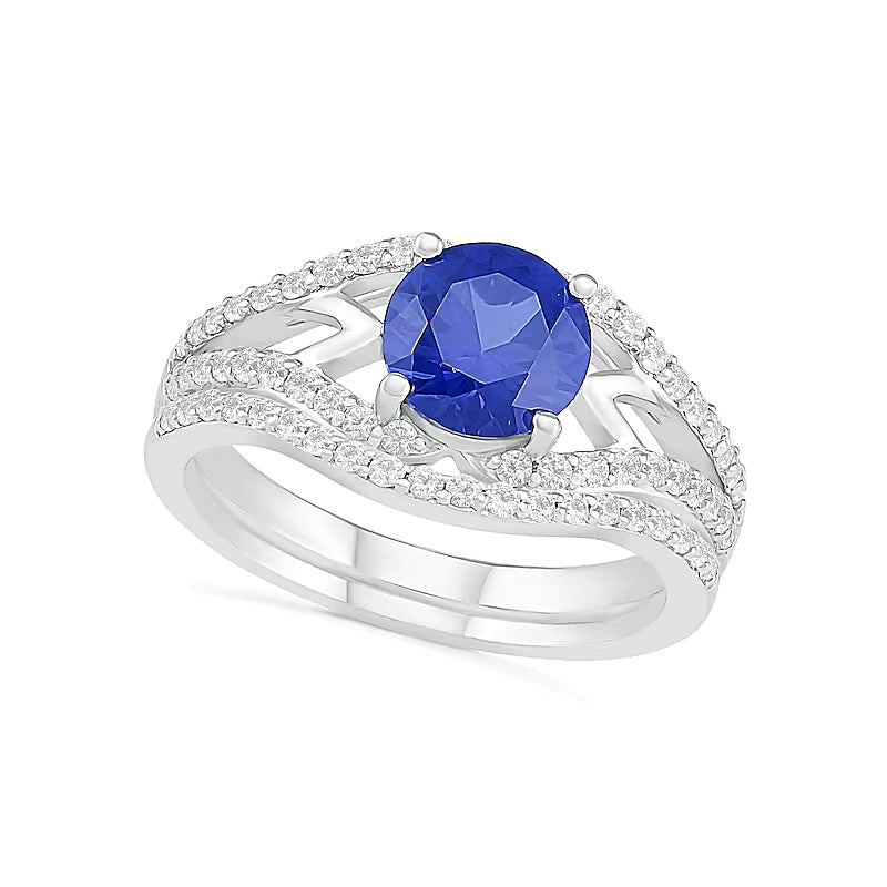 7.0mm Lab-Created Blue and White Sapphire Geometric Pointed Split Shank Bridal Set in Sterling Silver
