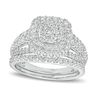 1.13 CT. TW Cushion-Shape Multi-Diamond Frame Split Shank Multi-Row Bridal Set in 10K White Gold