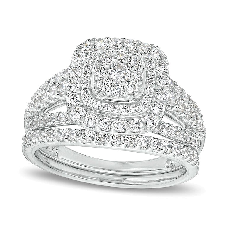1.13 CT. TW Cushion-Shape Multi-Diamond Frame Split Shank Multi-Row Bridal Set in 10K White Gold