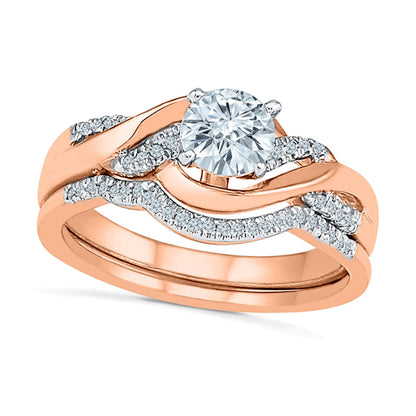 Lab-Created White Sapphire and 0.1 CT. TW Diamond Twist Bridal Set in 10K Rose Gold