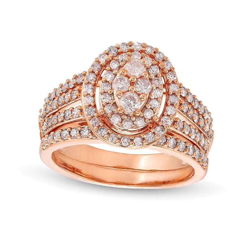 1.0 CT. TW Oval Multi-Diamond Triple Row Split Shank Bridal Set in 10K Rose Gold