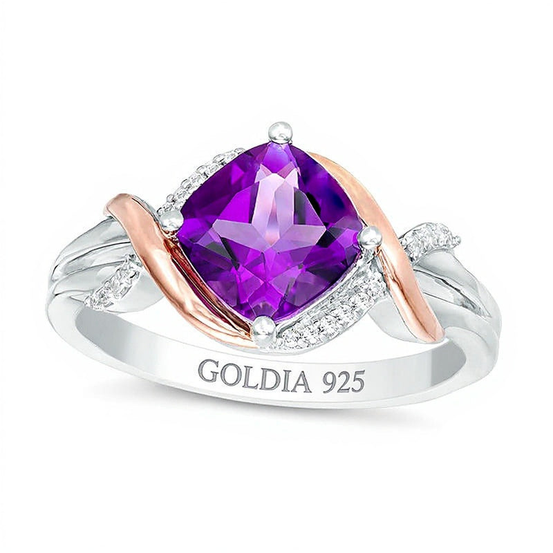 7.0mm Cushion-Cut Amethyst and 0.04 CT. T.W. Diamond Overlay Frame Ring in Sterling Silver and 10K Rose Gold