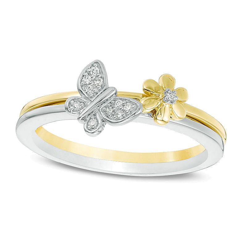 0.05 CT. TW Diamond Flower and Butterfly Two Piece Stackable Ring Set in 10K Two-Tone Gold