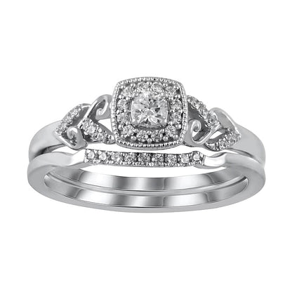 0.25 CT. TW Diamond Cushion Frame Heart-Sides Vintage-Style Bridal Set in Sterling Silver