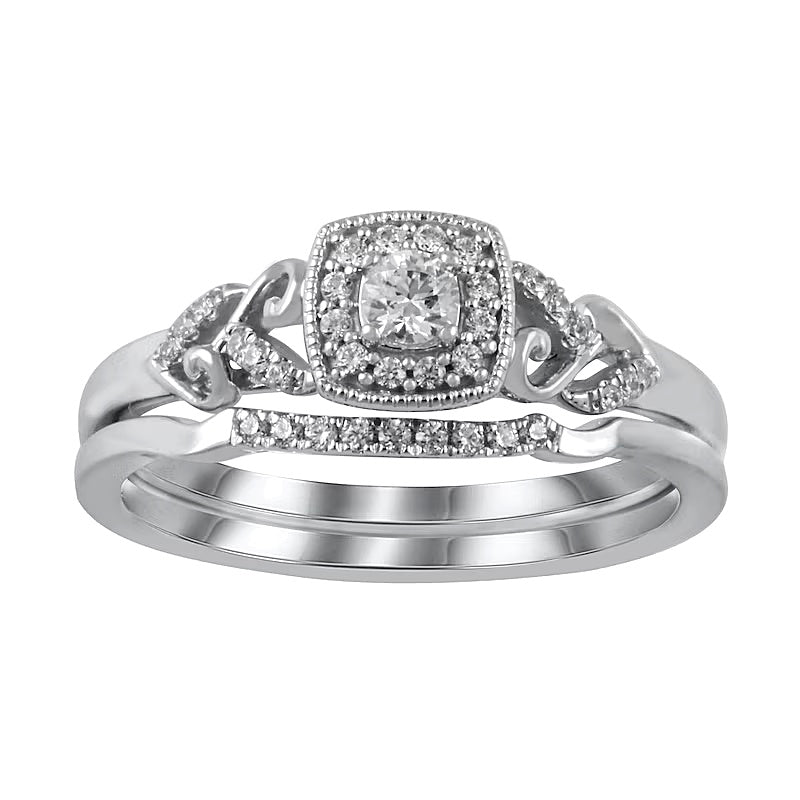 0.25 CT. TW Diamond Cushion Frame Heart-Sides Vintage-Style Bridal Set in Sterling Silver