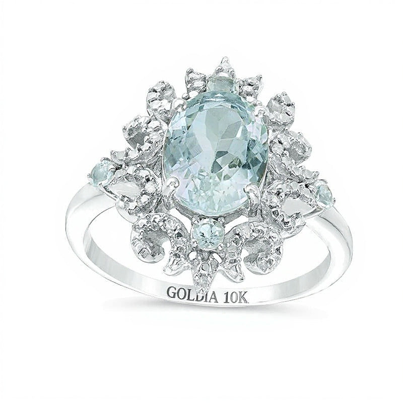 Oval Aquamarine and Diamond Accent Sunburst Frame Ring in 10K White Gold