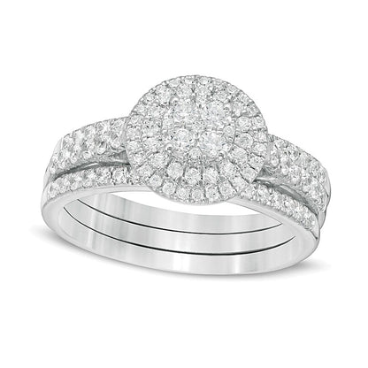 1.0 CT. TW Composite Diamond Double Frame Vintage-Style Three Piece Bridal Set in 10K White Gold