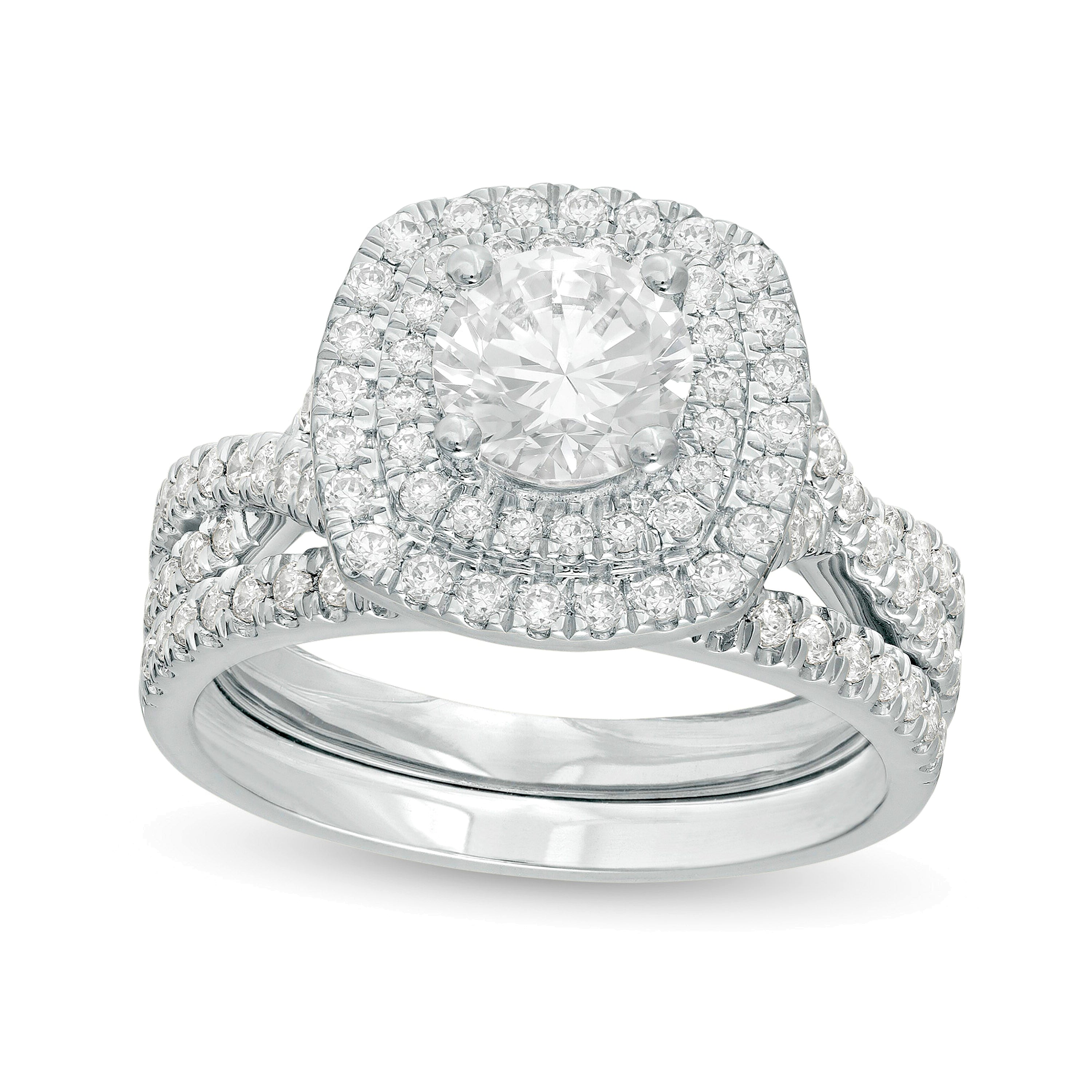 1.63 CT. TW Diamond Double Cushion Frame Twist Shank Bridal Set in 14K White Gold
