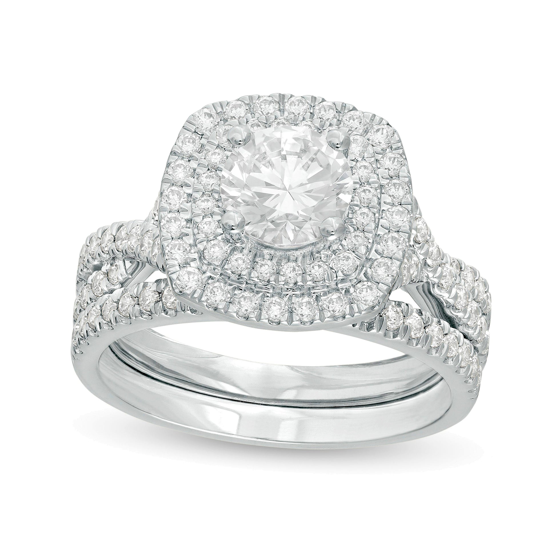 1.63 CT. TW Diamond Double Cushion Frame Twist Shank Bridal Set in 14K White Gold
