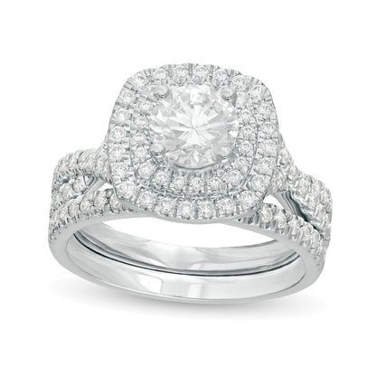 1.63 CT. TW Diamond Double Cushion Frame Twist Shank Bridal Set in 14K White Gold