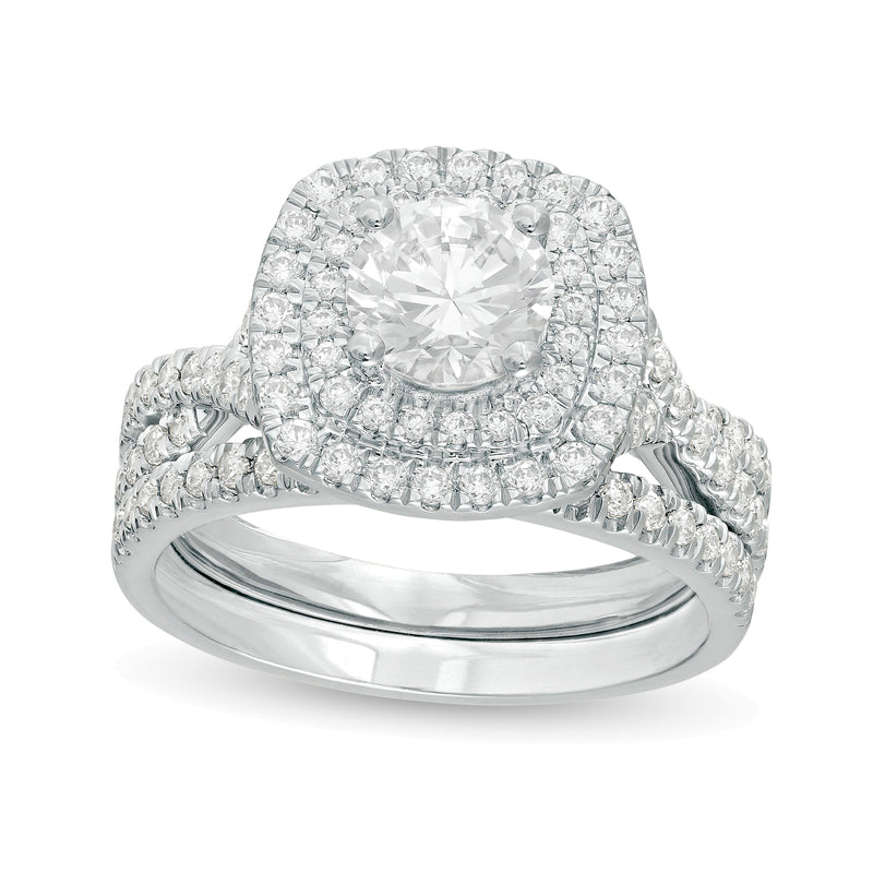 1.63 CT. TW Diamond Double Cushion Frame Twist Shank Bridal Set in 14K White Gold