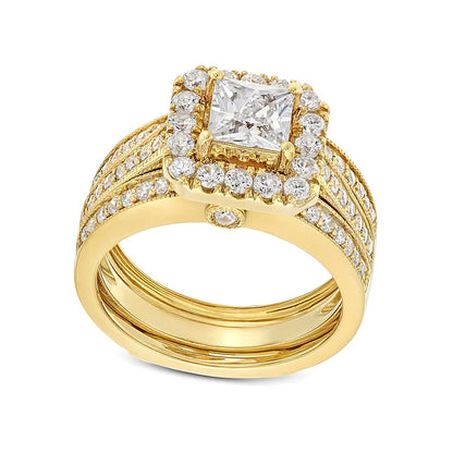 2.0 CT. TW Princess-Cut Lab-Grown Diamond Cushion-Shaped Frame Bridal Set in 14K Gold (F/VS2)