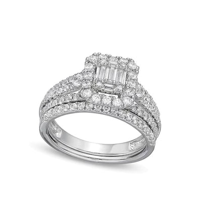 1.0 CT. TW Emerald-Shaped Multi-Diamond Frame Multi-Row Bridal Set in 10K White Gold