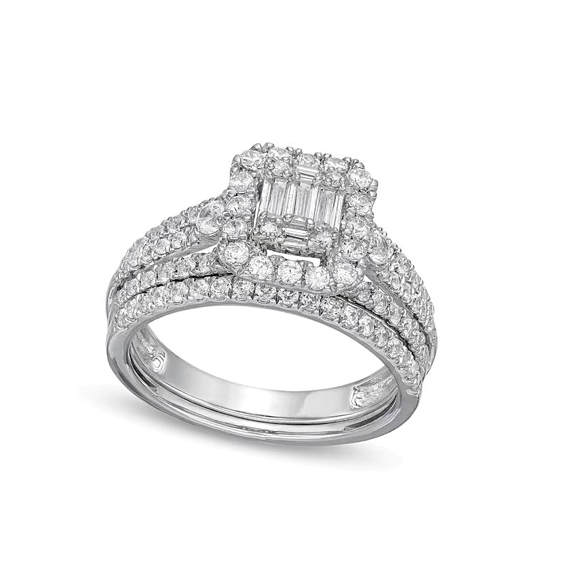1.0 CT. TW Emerald-Shaped Multi-Diamond Frame Multi-Row Bridal Set in 10K White Gold
