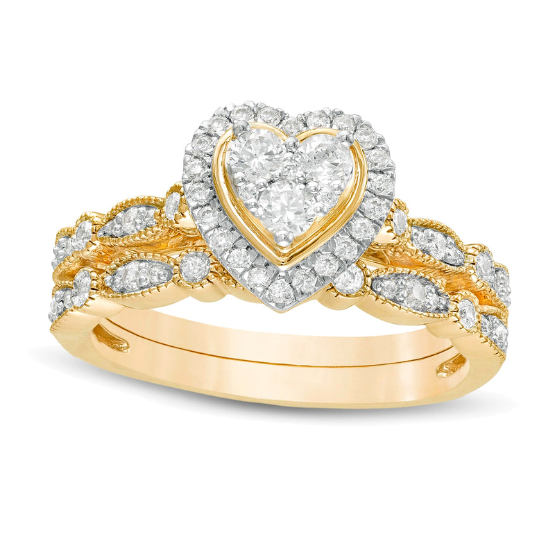 0.5 CT. TW Multi-Diamond Heart Frame Alternating Marquise Vintage-Style Bridal Set in 10K Gold