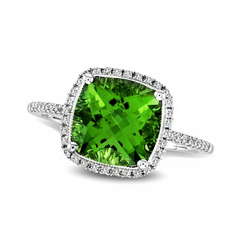 9.0mm Cushion-Shaped Peridot and 0.25 CT. TW Diamond Frame Ring in 14K White Gold