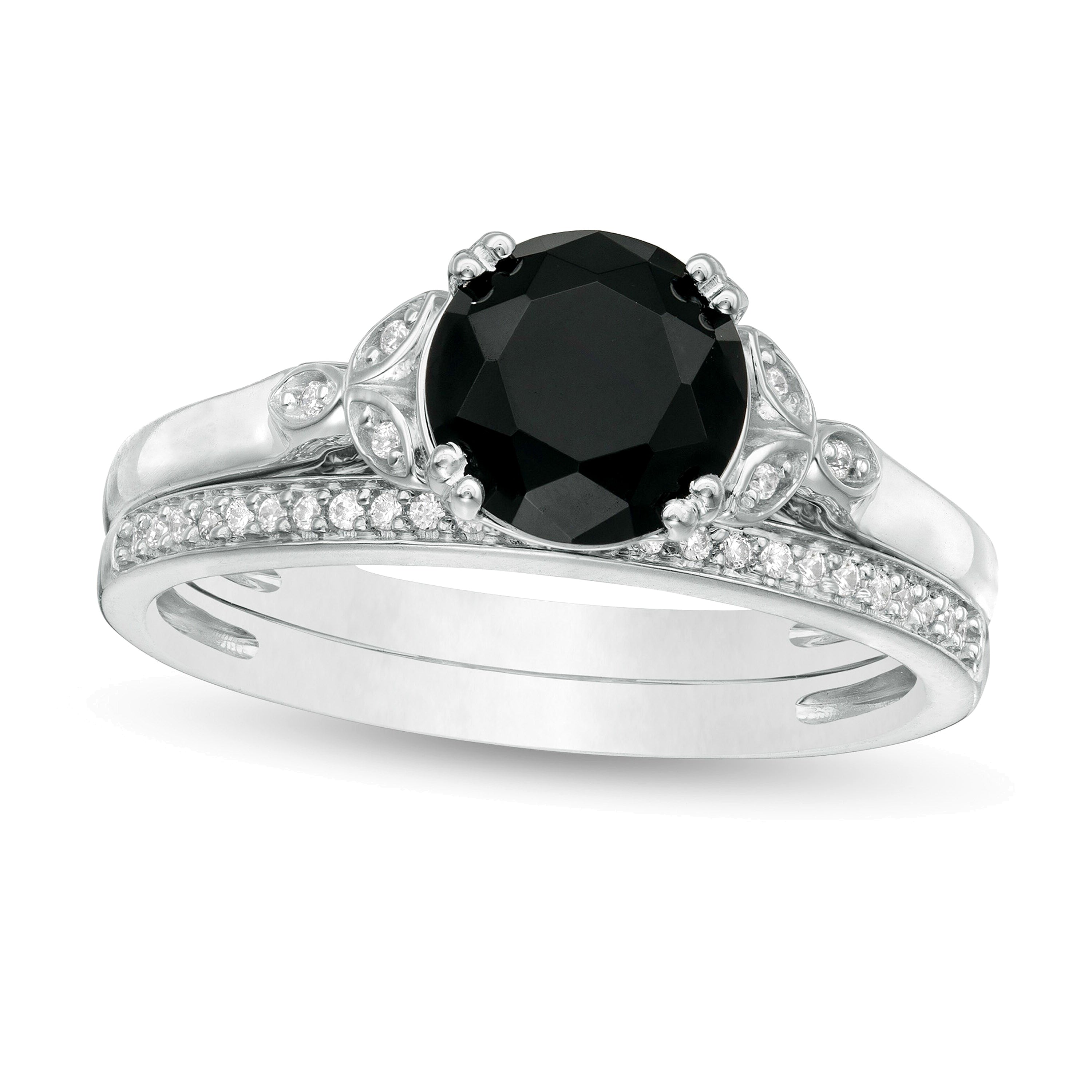 8.0mm Black Sapphire and 0.1 CT. TW Diamond Leaf Sides Bridal Set in 10K White Gold