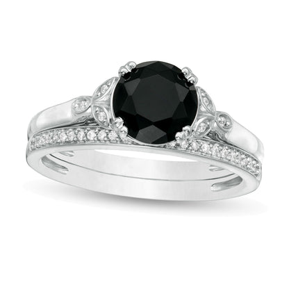 8.0mm Black Sapphire and 0.1 CT. TW Diamond Leaf Sides Bridal Set in 10K White Gold