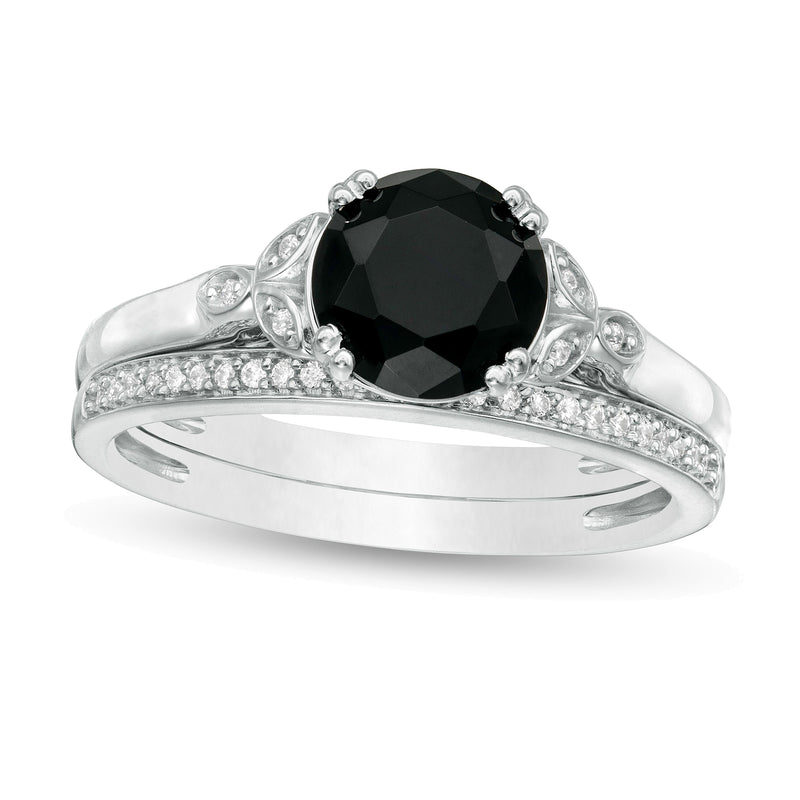 8.0mm Black Sapphire and 0.1 CT. TW Diamond Leaf Sides Bridal Set in 10K White Gold