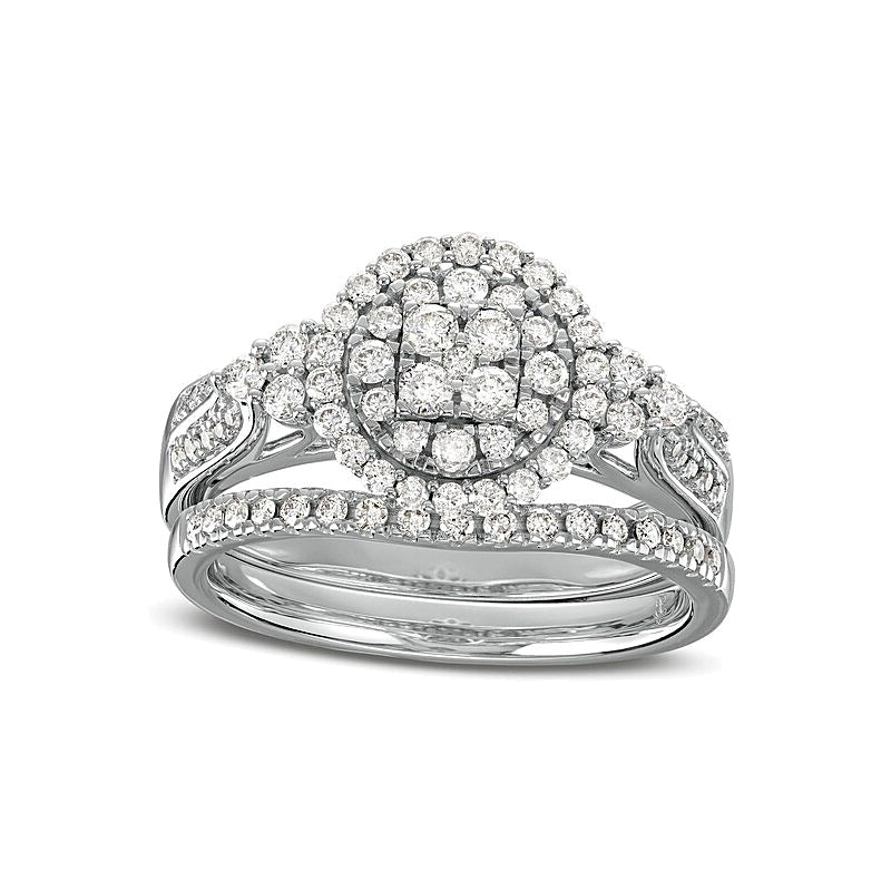 0.75 CT. TW Multi-Diamond Frame Tri-Sides Double Row Cathedral Shank Bridal Set in 14K White Gold