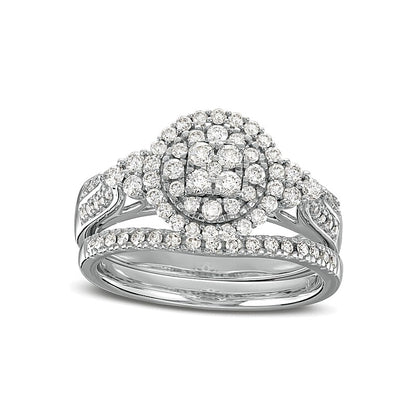 0.75 CT. TW Multi-Diamond Frame Tri-Sides Double Row Cathedral Shank Bridal Set in 14K White Gold