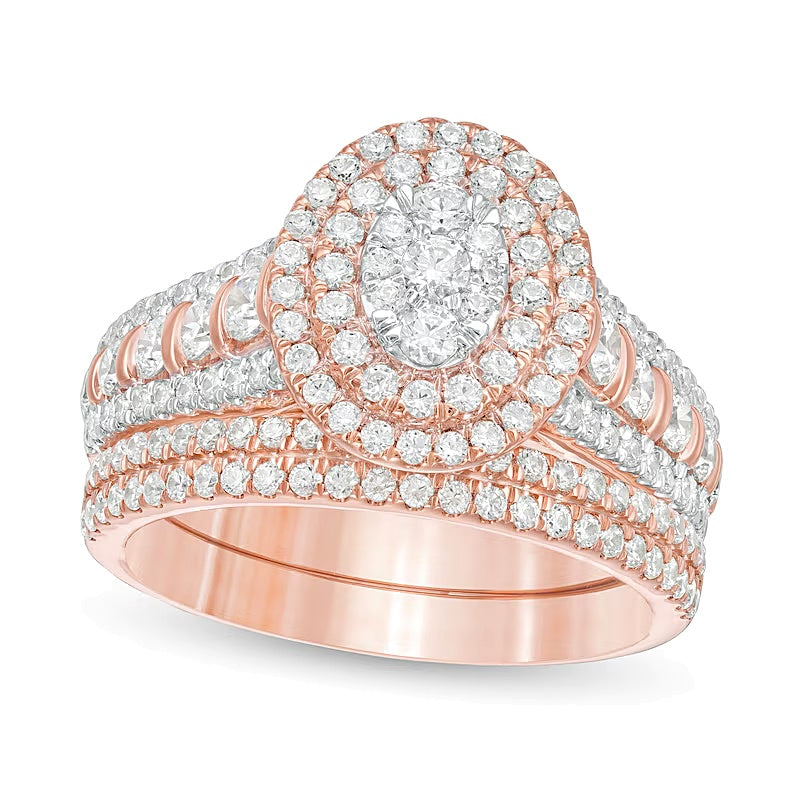 1.5 CT. TW Composite Diamond Double Oval Frame Multi-Row Bridal Set in 10K Rose Gold