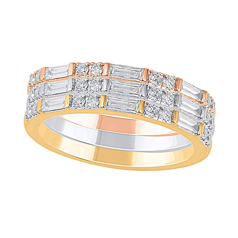 0.38 CT. TW Baguette and Round Diamond Duo Three Piece Stackable Ring Set in Sterling Silver and Two-Tone Rhodium