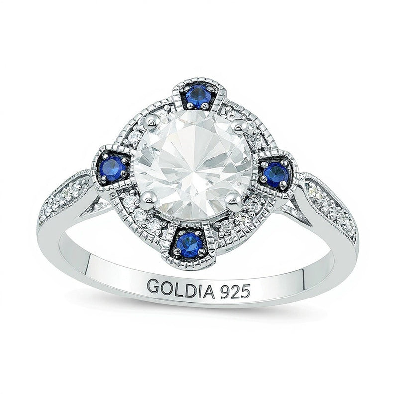 Lab-Created White and Blue Sapphire with 0.13 CT. TW Diamond Compass Frame Vintage-Style Ring in Sterling Silver