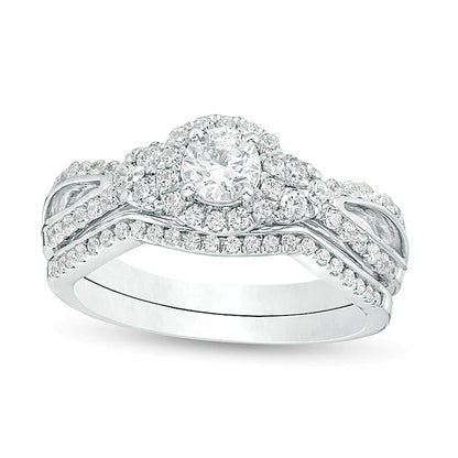0.75 CT. TW Diamond Frame Tri-Sides Bridal Set in 10K White Gold