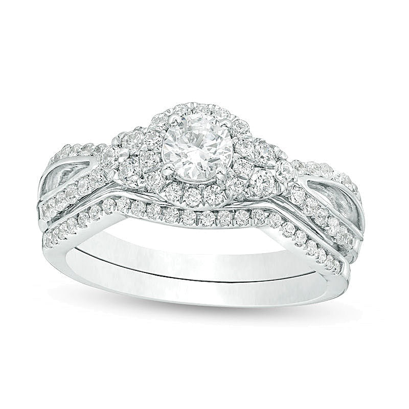 0.75 CT. TW Diamond Frame Tri-Sides Bridal Set in 10K White Gold
