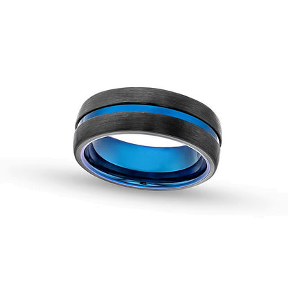 8.0mm Split Brushed Beveled Edge Band in Blue and Black Ion-Plated Tungsten