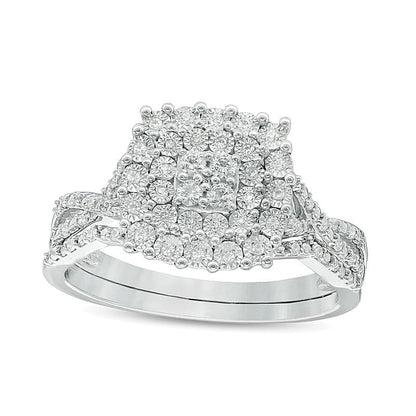 0.25 CT. TW Composite Diamond Cushion Frame Twist Bridal Set in Sterling Silver