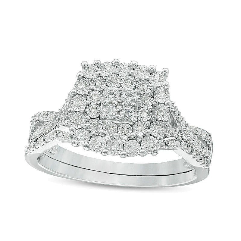 0.25 CT. TW Composite Diamond Cushion Frame Twist Bridal Set in Sterling Silver