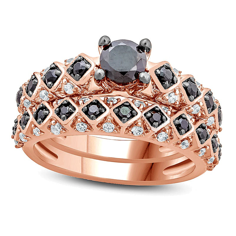 1.0 CT. TW Enhanced Black and White Diamond Tilted Square Shank Bridal Set in 10K Rose Gold