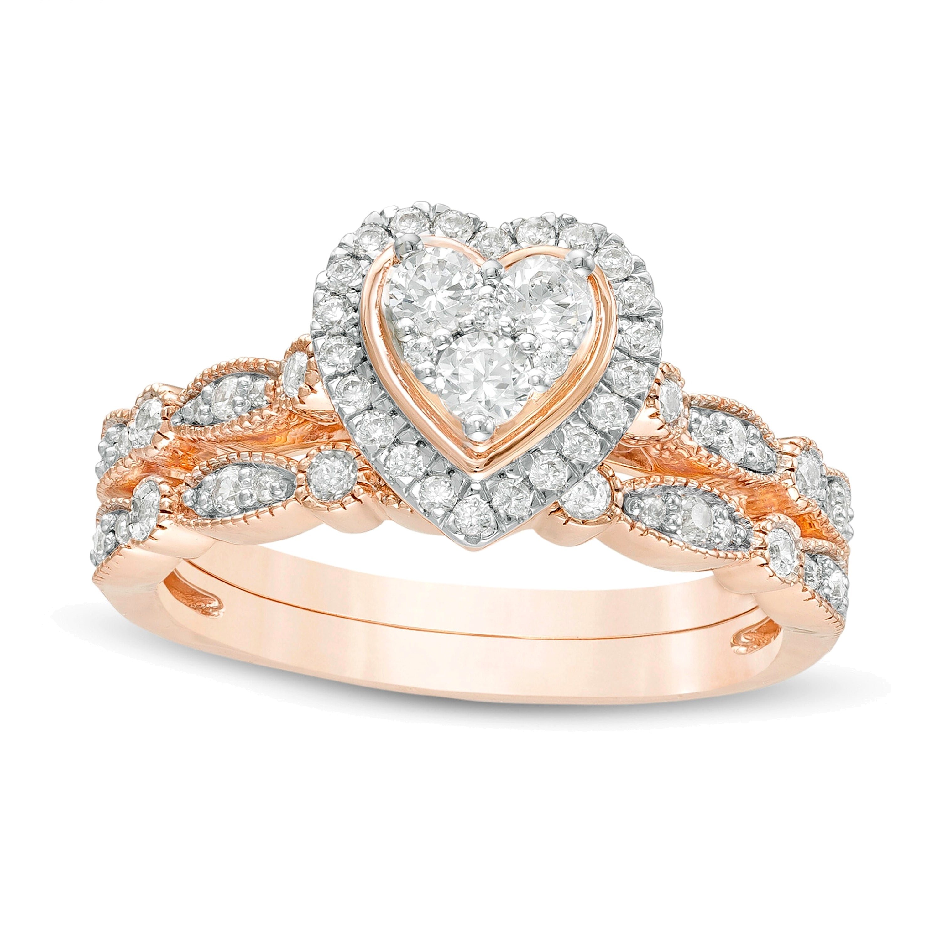 0.5 CT. TW Multi-Diamond Heart Frame Alternating Marquise Vintage-Style Bridal Set in 10K Rose Gold