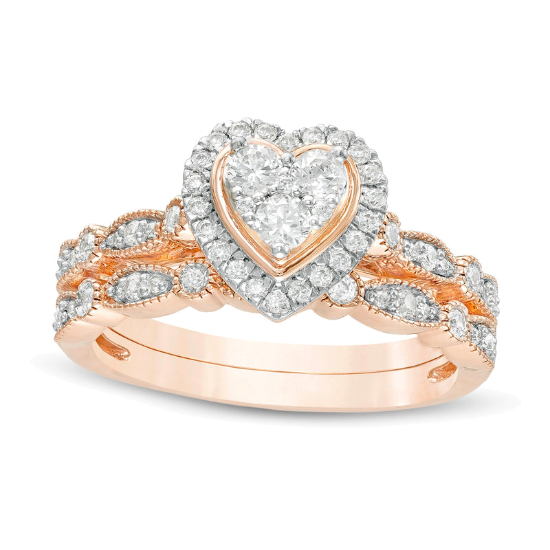 0.5 CT. TW Multi-Diamond Heart Frame Alternating Marquise Vintage-Style Bridal Set in 10K Rose Gold