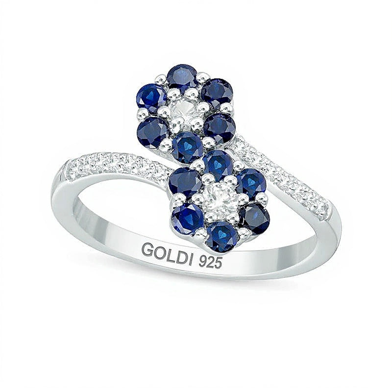 Lab-Created Blue and White Sapphire Double Flower Bypass Ring in Sterling Silver