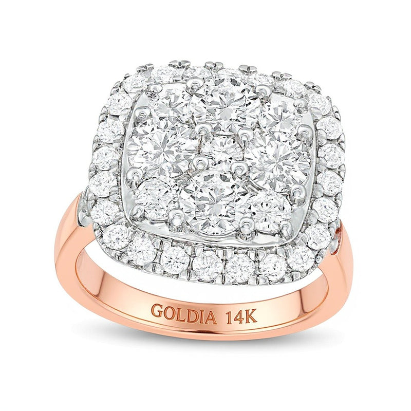 3.17 CT. TW Cushion-Shaped Multi-Diamond Frame Engagement Ring in 14K Rose Gold