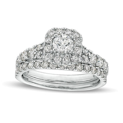 1.5 CT. TW Diamond Cushion-Shaped Frame Split Shank Bridal Set in 10K White Gold