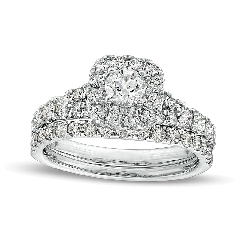 1.5 CT. TW Diamond Cushion-Shaped Frame Split Shank Bridal Set in 10K White Gold