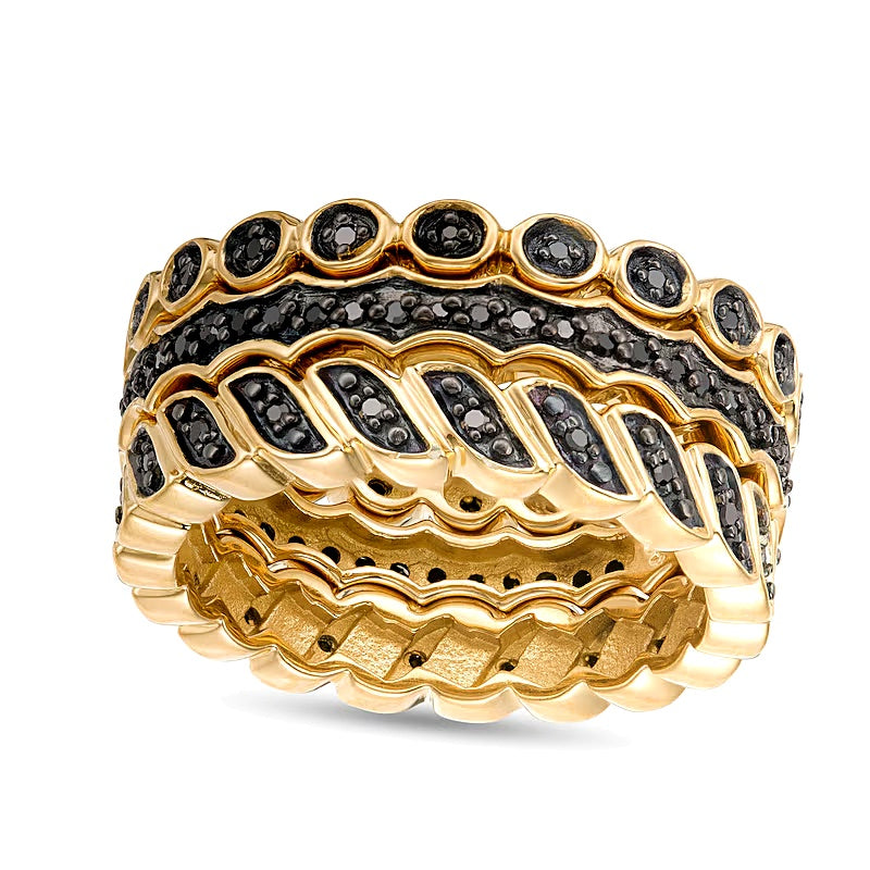 0.25 CT. TW Black Diamond Geometric Three Piece Stackable Band Set in Sterling Silver with 14K Gold Plate