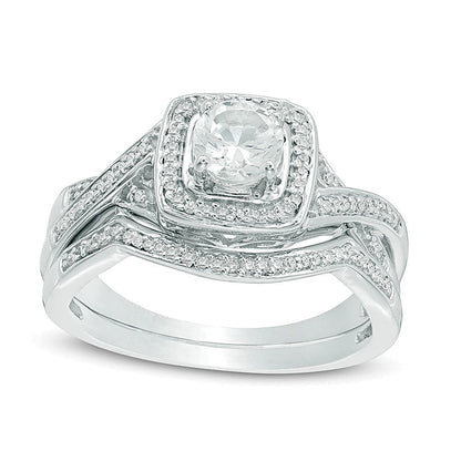 5.0mm Lab-Created White Sapphire and Diamond Accent Frame Twist Bridal Set in Sterling Silver