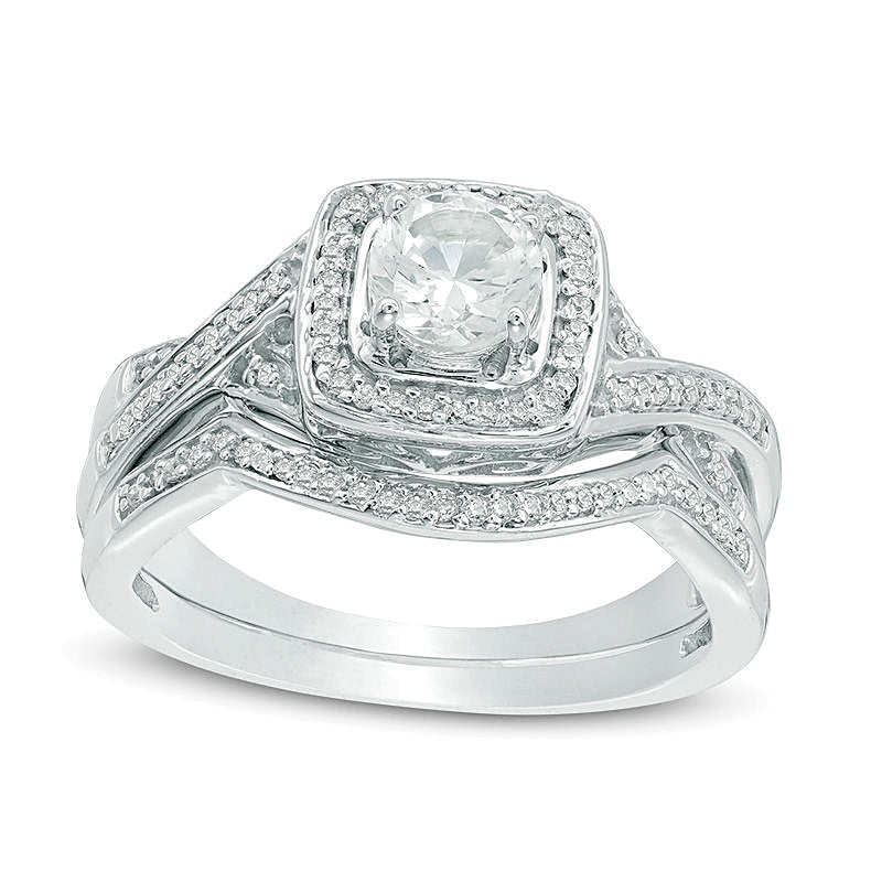 5.0mm Lab-Created White Sapphire and Diamond Accent Frame Twist Bridal Set in Sterling Silver