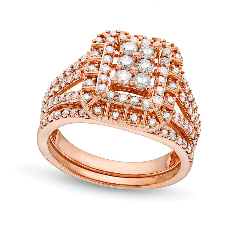 1.0 CT. TW Emerald Multi-Diamond Triple Row Split Shank Bridal Set in 10K Rose Gold